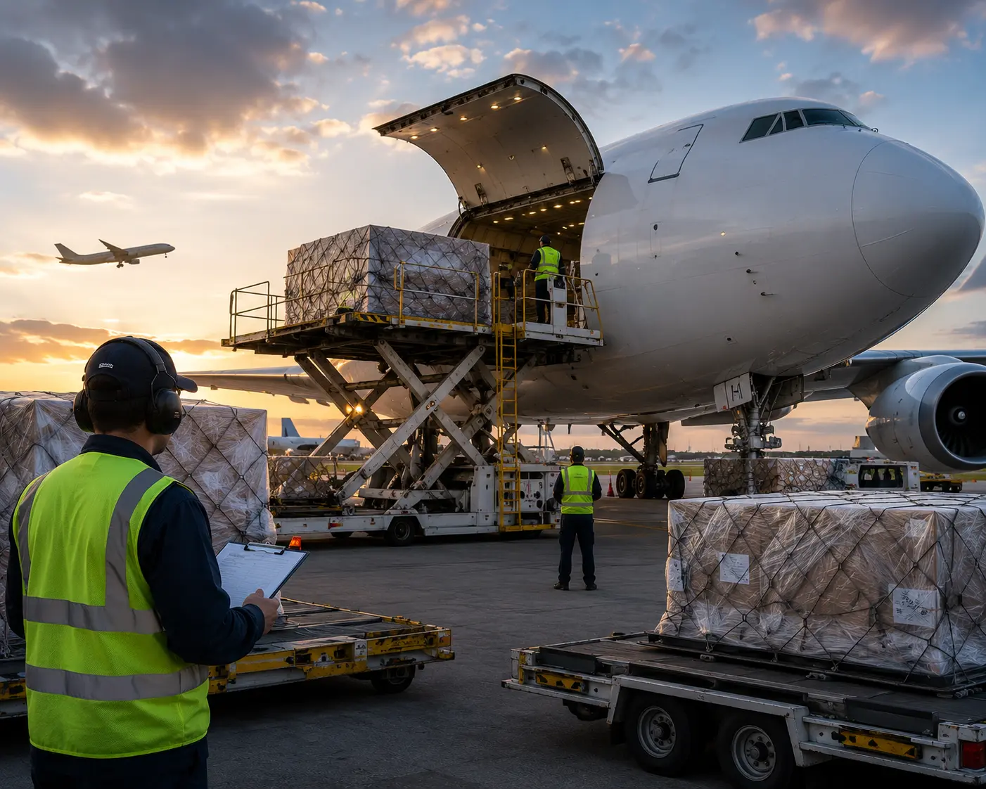 Illustrative cargo aircraft being loaded at an airport